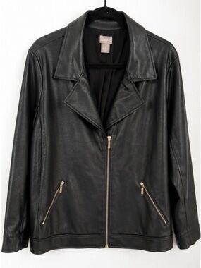 Chico’s Black Faux Leather Moto Jacket Size 3 (XL 16/18) Zip Front Classic 0021